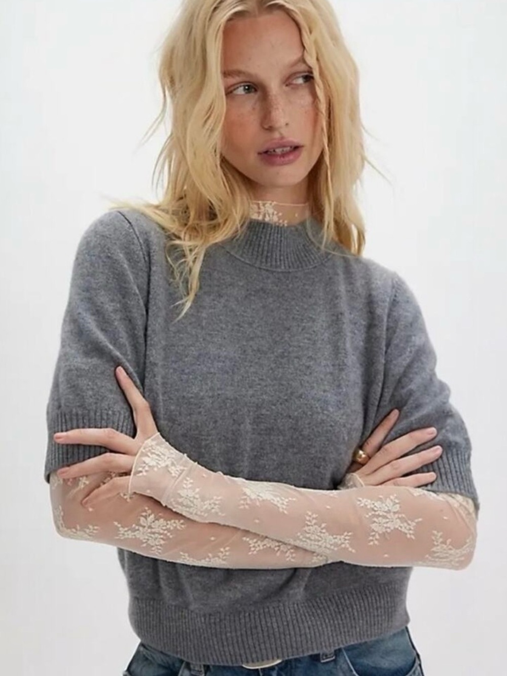 Free People Solid Twilight Cashmere Mock Neck Short Sleeve Sweater Grey XL NWT